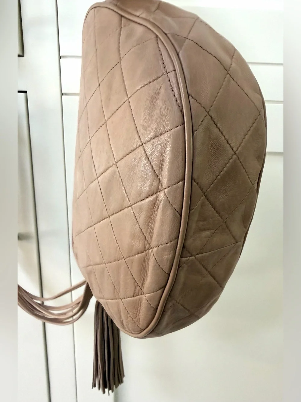 CHANEL Vintage Quilted Lambskin Camera Bag Taupe Tassel COA